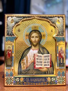 Рукописная икона Спас Вседержитель с Предстоящими №127 (Размер 27х31 см)