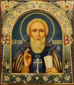 Рукописная икона Сергий Радонежский с херувимами №48 (Размер 27х31 см)