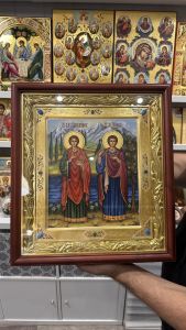 Рукописная икона Пантелеймон Целитель и Трифон мученик с камнями №2