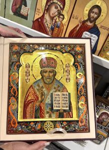 Рукописная икона Николай Чудотворец с херувимами №142 (Размер 27х31 см)