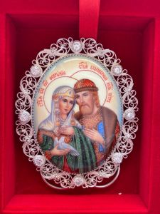 Рукописная икона из финифти Петр и Феврония №123 (Размер 9х10 см)