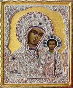 Рукописная Казанская икона с жемчужным окладом 3 (Размер 25*31 см)