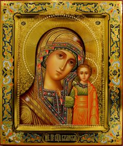 Рукописная икона Казанская с резьбой 75 (Размер 21*25 см)