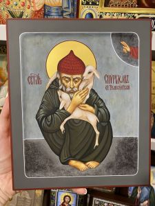 Рукописная икона Спиридон Тримифунтский с овечками 27 (Размер 17х21 см)