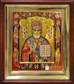 Рукописная икона Николай Чудотворец с херувимами №142 (Размер 27х31 см)