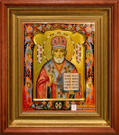 Рукописная икона Николай Чудотворец с херувимами №142 (Размер 27х31 см)