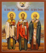 Рукописная икона Василий Великий Иоанн Златоуст Григорий Богослов