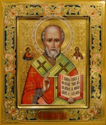 Рукописная икона Николай Чудотворец с резьбой 96 (Размер 27*31 см)